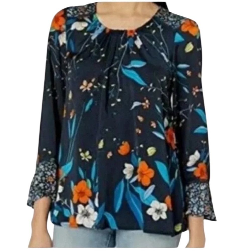 Nanette Lepore Mixed Floral Long Ruffled Sleeve Round Neck Blouse Medium Blue